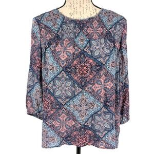 J.JILL Blouse Top Size XS Pastel Pink Blue Paisley Smocked Bohemian Great